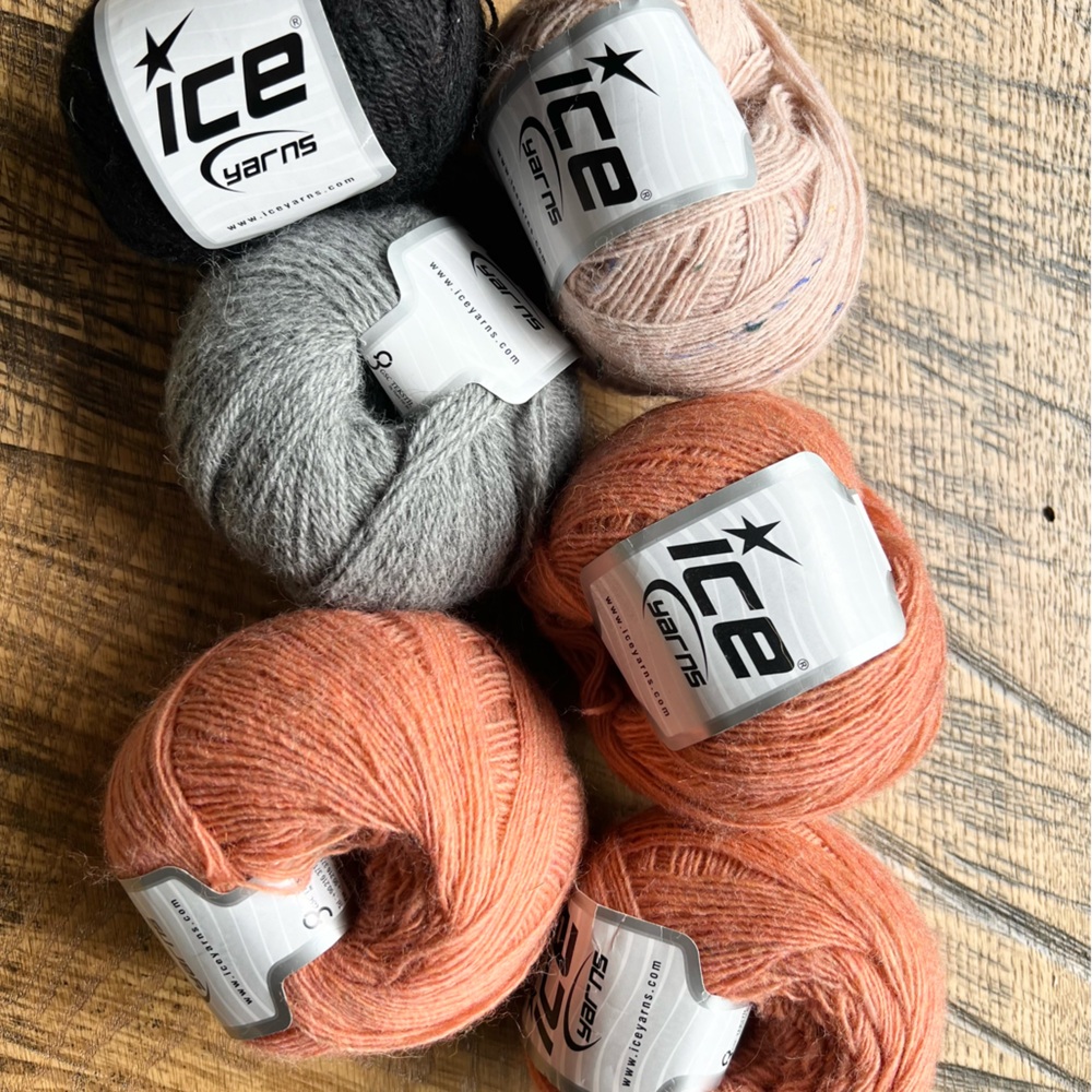 Ice Yarns Assorted Skeins in Coral, Gray, Black, Blush